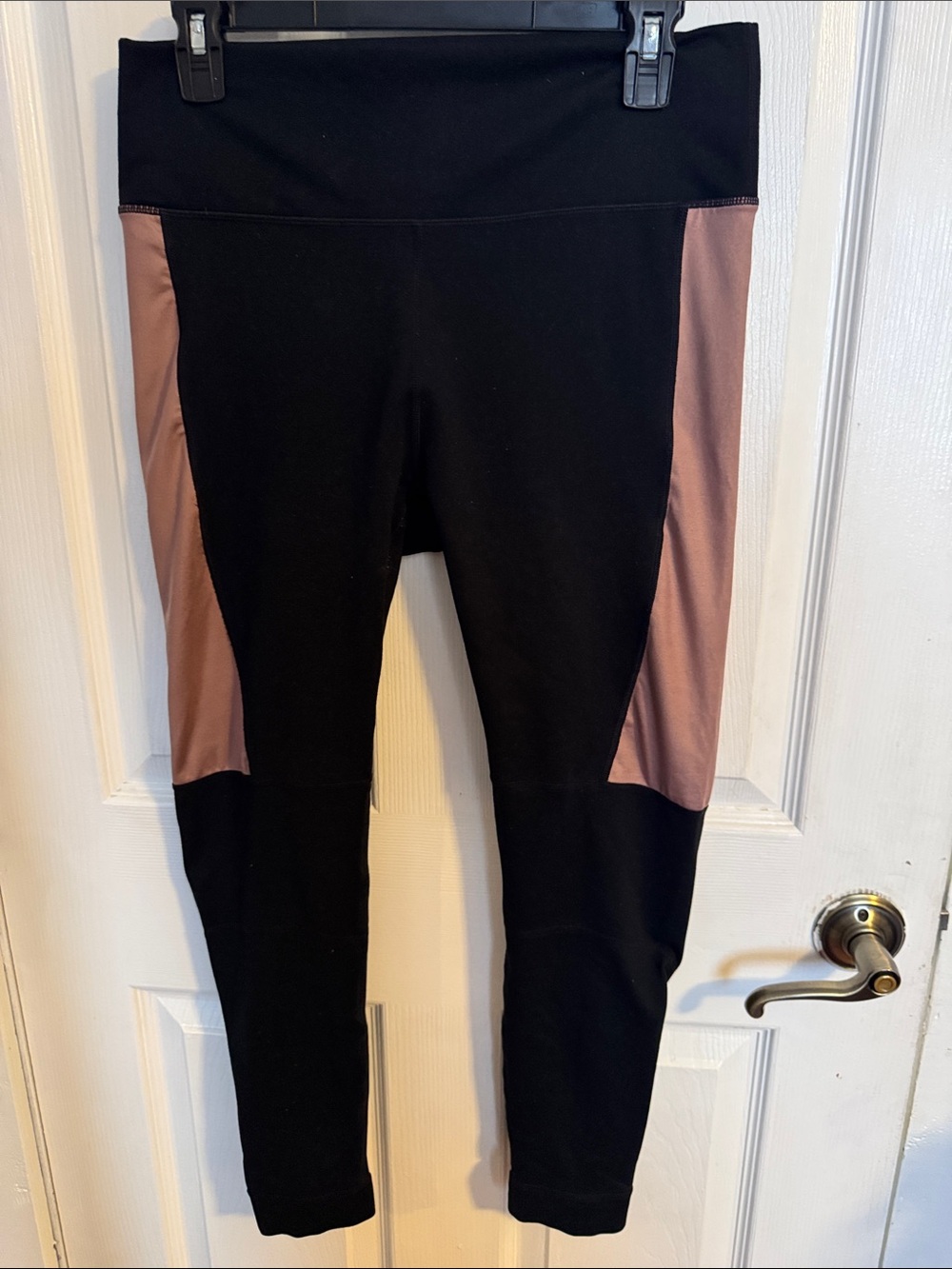 Fabletics Demi Lovato Black Leggings with Mauve Side Panels